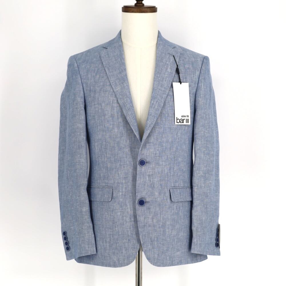 Bar III Men's Light Blue Linen Summer Casual Slim Formal Suit Jacket Size 36R